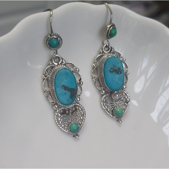 Vintage Sterling Silver Turquoise Boho Western Tribal Exotic Drop Earrings - Picture 2 of 9